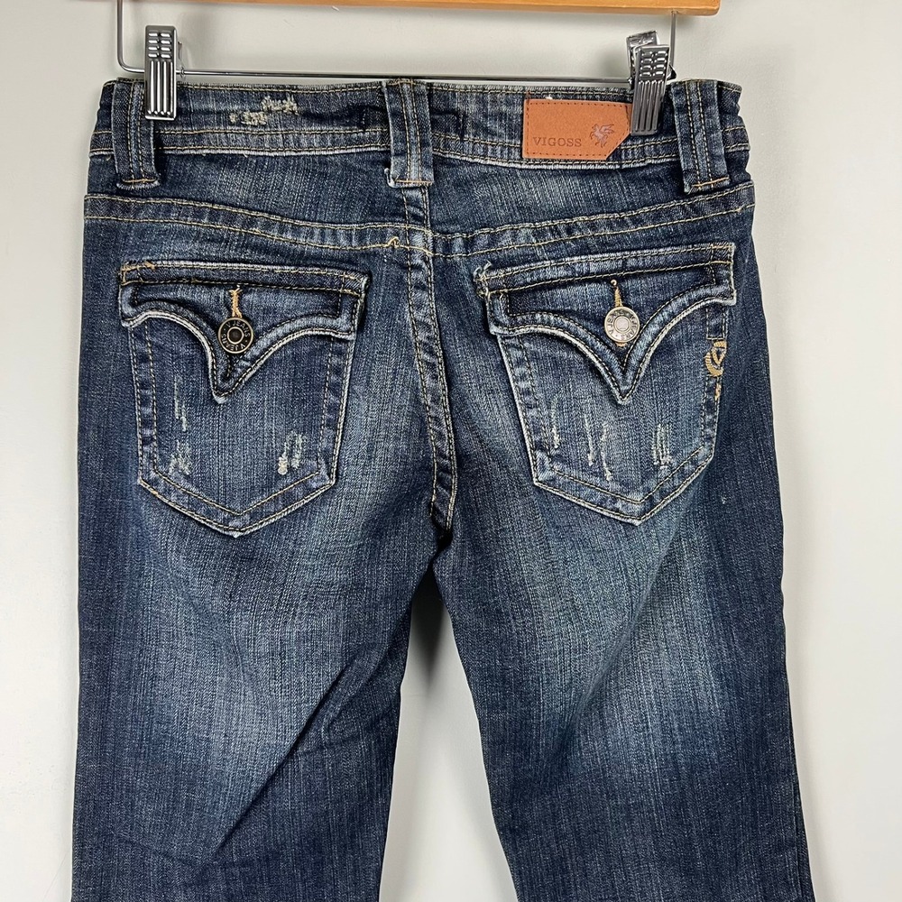 VTG Vigoss Bootcut Jeans Womens 3 Dark Wash Distressed Flap Pocket Y2k Grunge - Picture 5 of 10